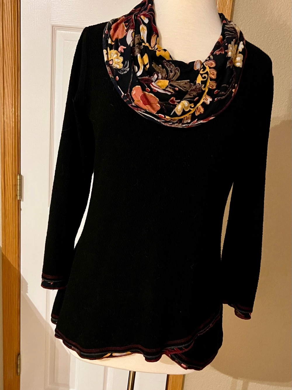 Parsley & Sage Black Cowl Neck Tunic top with attached Floral Scarf Accent
